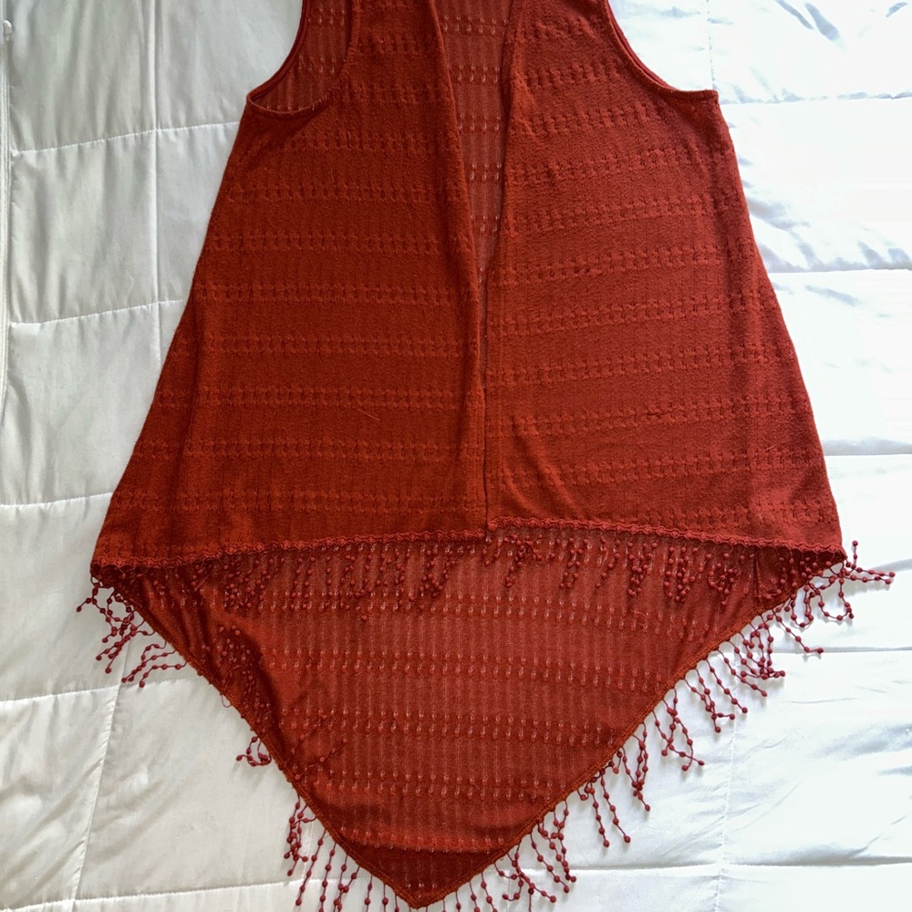 Burnt Orange Sleeveless Fringe Hem cardigan